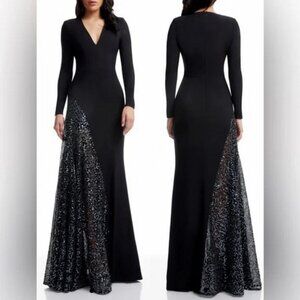 Dress The Population Black Winnie Sequin Panel Long Sleeve Gown